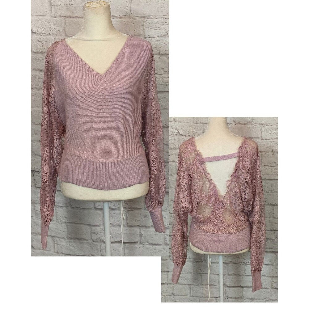 Women's Dusty Pink V-Neck Sweater‎ Sheer Lace Sleeves & Back Banded Waist size-S